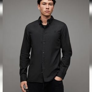 Allsaints Riviera Shirt Long Sleeve Black Embroidered Rams Skull Size S